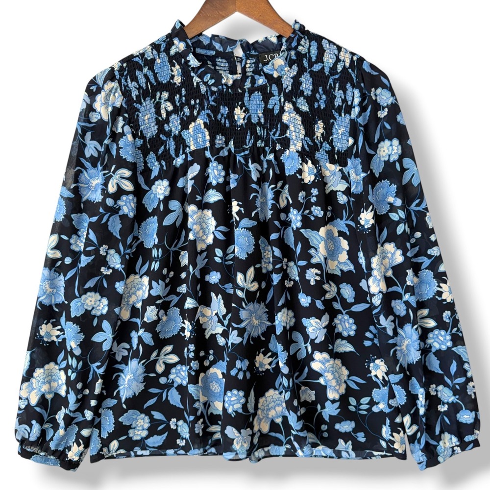 J. Crew Floral Smocked Blouse M Blue Ruffle Mock Neck Cottagecore Lined Boho